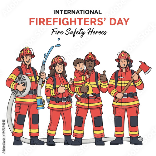 Group of cheerful firefighters in protective gear celebrating International Firefighters Day with uniforms, shields, and axes.