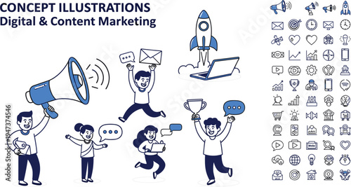 Digital Content Marketing Concept Illustration with Team Promotion, Megaphone, Social Media Communication and Business Marketing Strategy Icon Set