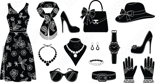 Assortment of black and white fashion accessories including a dress, handbag, shoes, and jewelry are displayed against a white background.