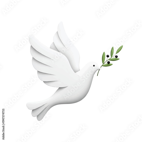 White dove carrying olive branch symbolizing peace and harmony across skies.