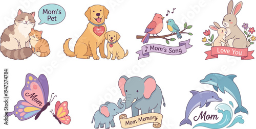 Various cute animal pairs depict maternal love, including cats, dogs, birds, rabbits, elephants, and dolphins celebrating motherhood.