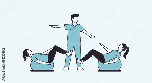 Physical therapist guiding women exercising on stability balls, rehabilitation, fitness