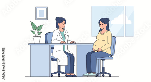 Pregnant woman at doctor's appointment, discussing health with a female physician in clinic