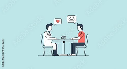 Psychologist counseling session, patient with thoughts and emotions, brain icon