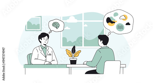 Therapist and patient discussing mental health with thought bubbles showing brain and emotions