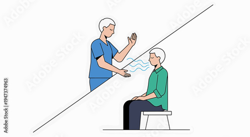 Therapist performs energy healing or reiki on patient sitting calmly, mental wellness concept