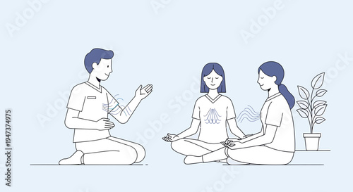 Therapist teaching meditation and breathing exercises to two women in a calm setting