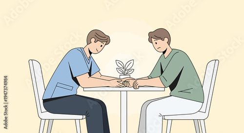 Two men holding hands across a table, supporting each other with empathy and care.