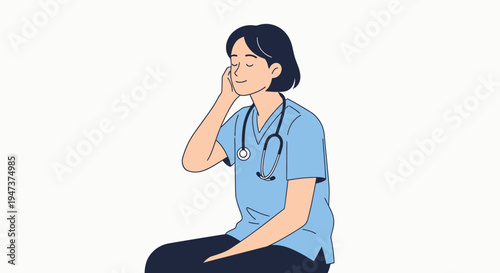 Tired Nurse Sitting with Eyes Closed, Feeling Exhausted and Stressed