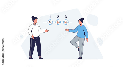 Two people demonstrating a 3-step exercise routine for balance and coordination