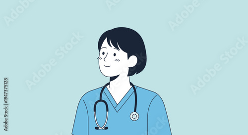 Young female doctor in blue scrubs with stethoscope, smiling against a light blue background