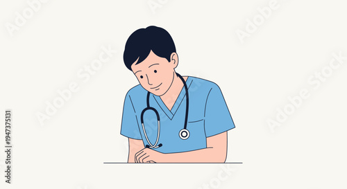 Young doctor in blue scrubs with stethoscope looking down with a gentle smile