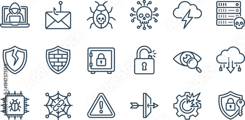 A comprehensive set of modern cybersecurity and digital protection line icons for online safety concepts