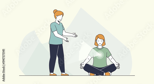 Yoga instructor guiding woman in meditation, promoting mindfulness and inner peace.