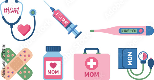 A collection of medical and healthcare-themed icons related to maternal care are arranged against a plain white background.