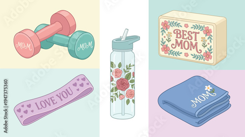 Fitness and self-care items, including dumbbells, a resistance band, a water bottle, and a towel, are arranged for a wellness theme.