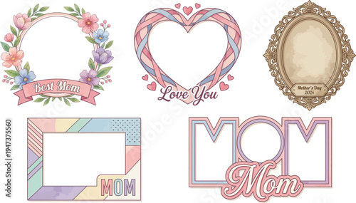 Various ornate and modern picture frames designed with floral motifs, hearts, and pastel colors offer empty spaces for personalized photos.
