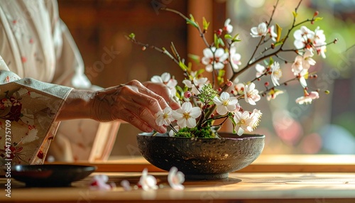着物を着た女性が温かな光の中で石の器に白い花を使って生け花を丁寧に活けている