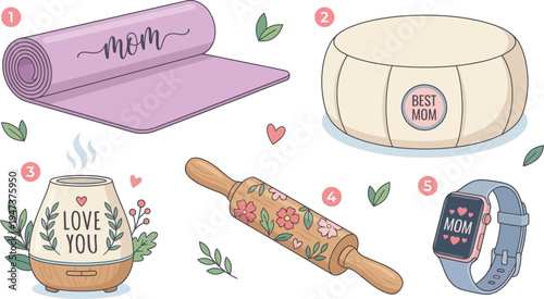 A set of fitness and home wellness products, including a yoga mat, meditation cushion, essential oil diffuser, rolling pin, and smartwatch, are displayed with foliage accents.
