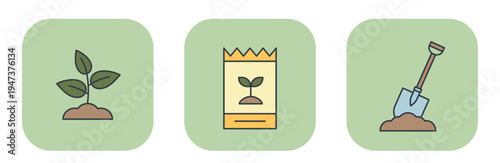 Flat icon set with a green sprout, seed packet, and garden shovel. Vector illustration for spring design