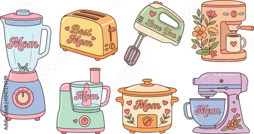 An arrangement of eight stylized kitchen appliances such as a blender, toaster, hand mixer, and coffee maker features pastel colors and 'Mom' themed decorations.