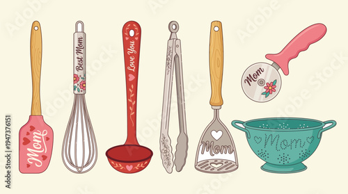 A collection of kitchen utensils decorated with Mom-themed designs for Mother's Day celebration is displayed against a light background.