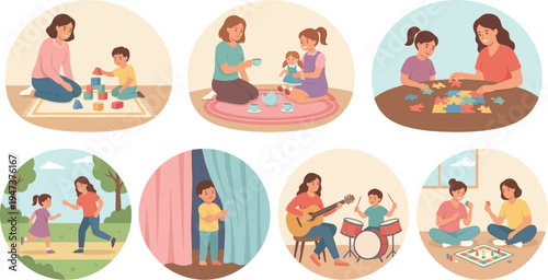 Mothers engage in various nurturing activities with their children, including playing indoors and outdoors, demonstrating family bonding moments.