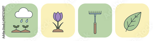 Flat garden icon set with watering seedlings, purple crocus, rake, and leaf. Vector illustration for spring design