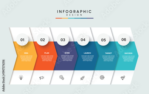 A colorful infographic design template with six numbered sections for business planning and strategy