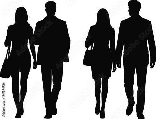 Full Length Silhouette of Business Professionals and Elegant Office People Walking Forward in Modern Formal Attire Isolated on White Background for Corporate Marketing Concept