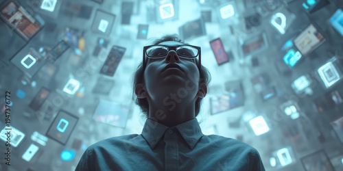 Digital distraction and doomscrolling concept with floating social icons, representing productivity loss and information overload