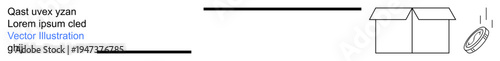 Shipping, delivery, packaging design, minimalistic art, creative processes, object motion. A black-and-white open box with a falling circular object and horizontal lines. Shipping and delivery