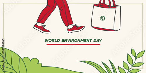 Person walking with reusable eco shopping bag symbolizing sustainable lifestyle. Environmental awareness concept promoting plastic reduction, green habits and responsible consumption.