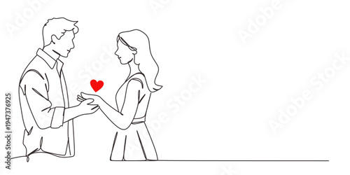 Continuous one line drawing of man gives a red heart to the woman's hands. concept of charity, love, donate and helping hand. International cardiology day.Hand drawn one line vector. Editable stroke.