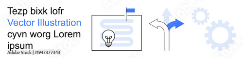 Business strategy, idea development, innovation, workflow, problem-solving, decision-making. Lightbulb, directional arrows and gears. Business strategy and idea development concept
