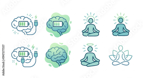 Mental Health Awareness Icon with Brain Battery Charging and Minimalist Meditation Pose Vector
