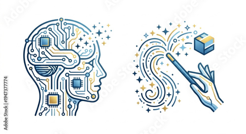 Artificial Intelligence Concept Icon with Human Head and Digital Circuitry Sparkles Vector Illustration
