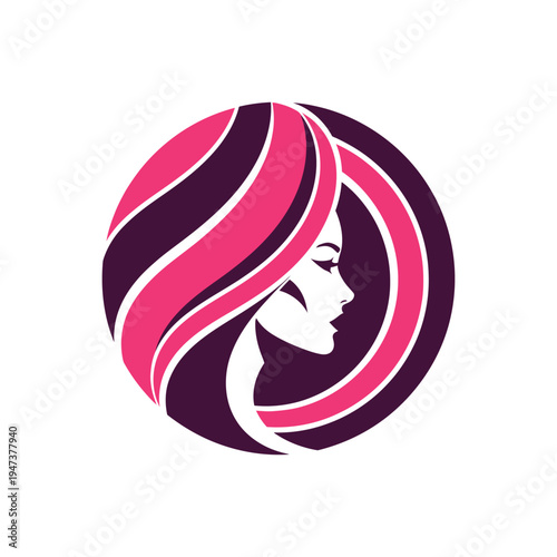 Beautiful woman profile with colorful hair in circular shape logo design representing beauty salon and hair care services abstract female face portrait in pink and purple tones for brand identity