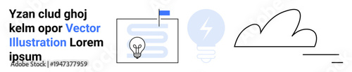 Innovation, technology, cloud computing, idea generation, creativity, and digital solutions. Lightbulb, flag cloud stylized document. Innovation and technology concept