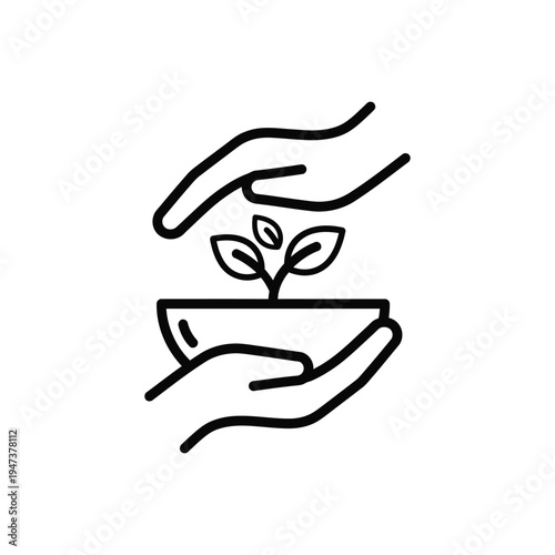 Environmental protection and sustainable growth concept with hands nurturing a small plant in a bowl symbolizing care and ecology icon