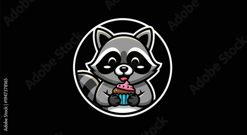 Cartoon raccoon eating cupcake logo design