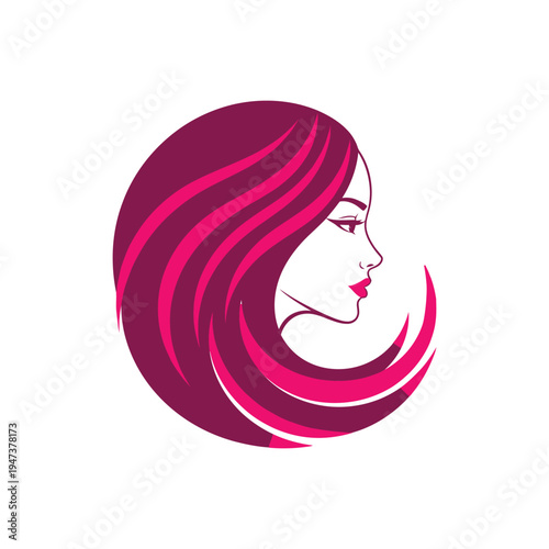 Stylized female profile with long flowing pink and purple hair logo for professional hair styling and fashion brand identity abstract woman face illustration representing glamour and aesthetics