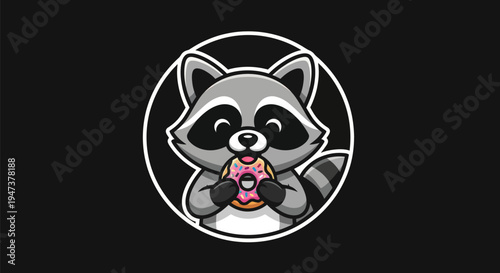 Cartoon raccoon eating donut illustration