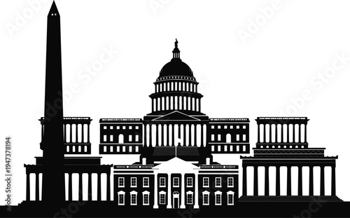 Black and white silhouette illustration of Washington DC landmarks including Capitol Building, White House, Washington Monument, Lincoln Memorial, and Jefferson Memorial representing history, 