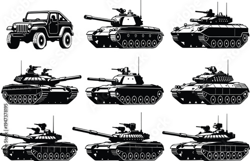 Black and white illustration of military vehicles including tanks and jeep, showcasing armored designs, weapon systems, and defense technology for history, war, and combat themes.