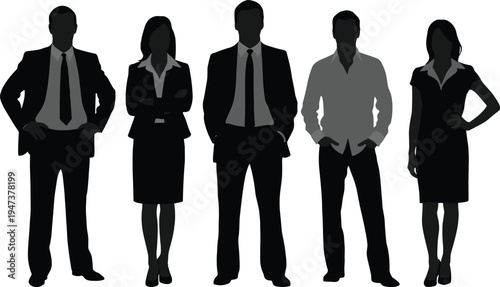 Business people silhouette collection standing in formal office attire, corporate team concept with men and women professionals isolated for leadership and teamwork illustration