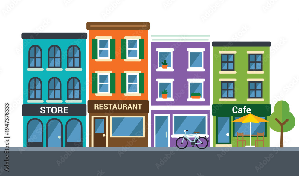 Fototapeta premium Colorful small town street with store, restaurant and cafe buildings in flat vector style, urban neighborhood shops illustration isolated for city business concept