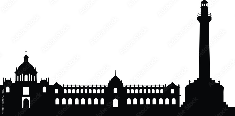 Naklejka premium Historic architecture skyline silhouette with lighthouse tower and classical palace building isolated on white background, travel landmark cityscape vector illustration for tourism design