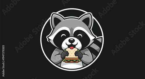 Cartoon raccoon eating sandwich on black