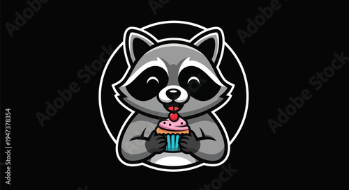 Cartoon raccoon enjoying a cupcake dessert